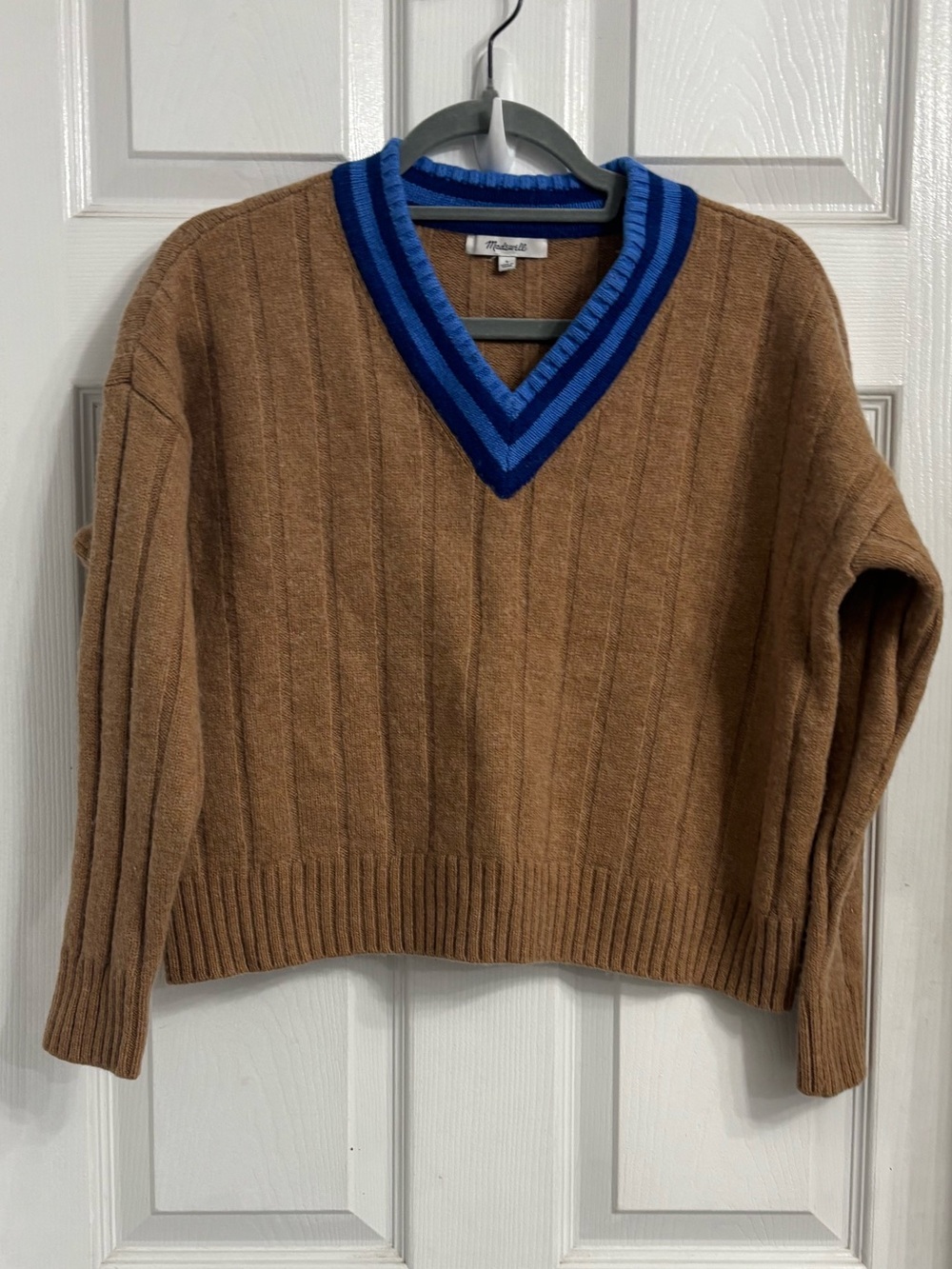 Madewell Tipped V-Neck Sweater Brown with Blue Trim Wool Blend Small Old School